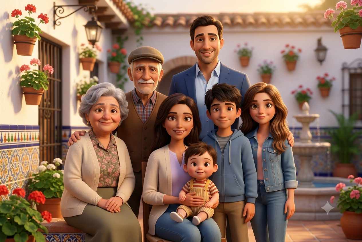 The Morales family — Mateo, Diego, Sofía, Lucía, Miguel, Carmen, and Antonio together in a sunlit Sevilla courtyard